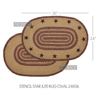 Burgundy Tan Jute Rug Oval Stencil Stars 24x36 - The Fox Decor