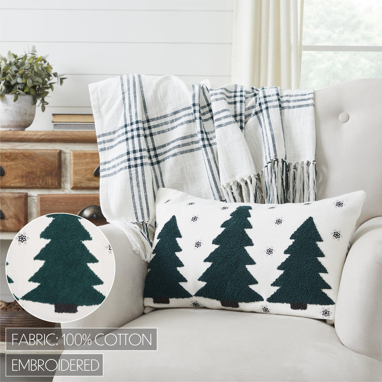 Pine Grove Plaid Embroidered Trees Pillow 14x22 - The Fox Decor
