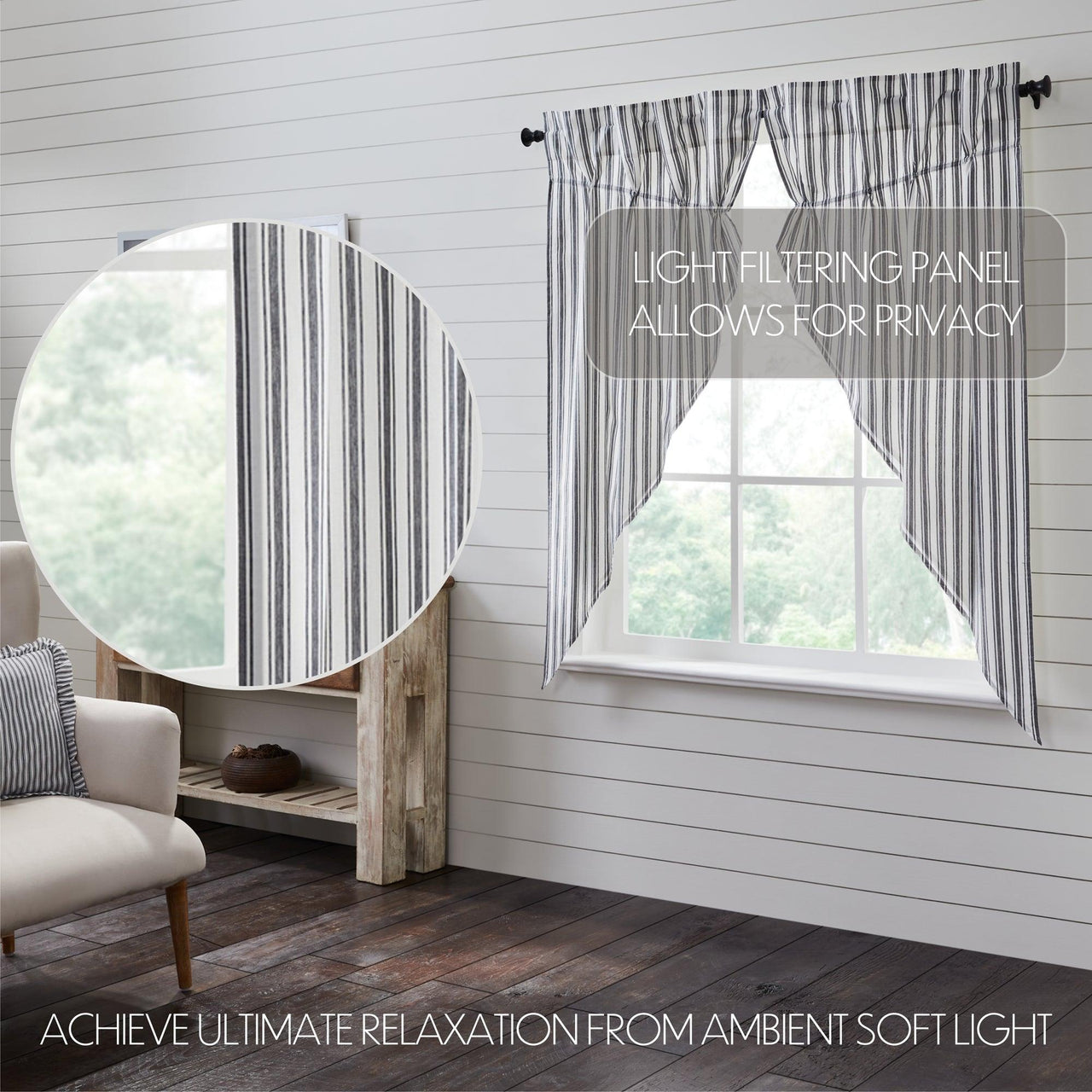 Sawyer Mill Black Ticking Stripe Prairie Short Panel Set of 2 63x36x18 VHC Brands - The Fox Decor