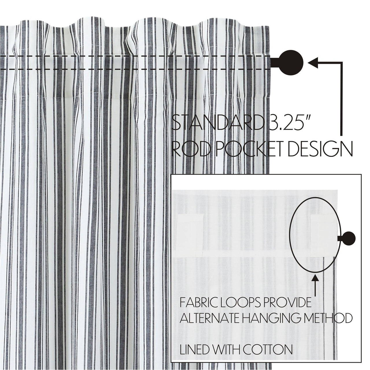 Sawyer Mill Black Ticking Stripe Prairie Short Panel Set of 2 63x36x18 VHC Brands - The Fox Decor