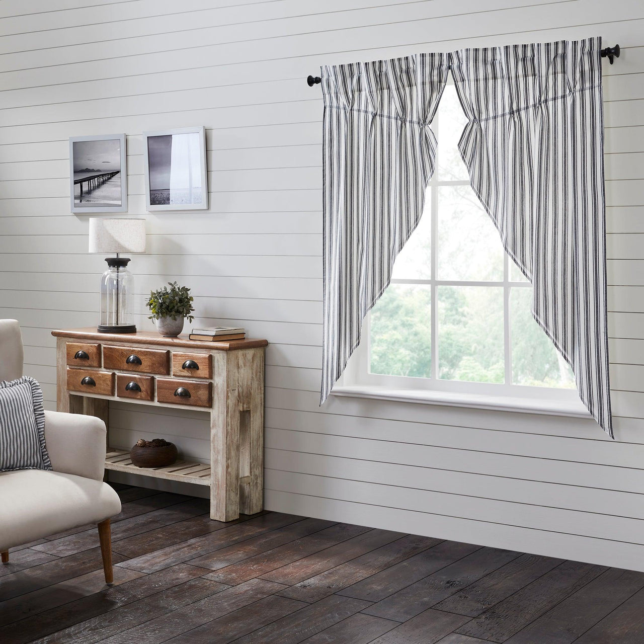 Sawyer Mill Black Ticking Stripe Prairie Short Panel Set of 2 63x36x18 VHC Brands - The Fox Decor