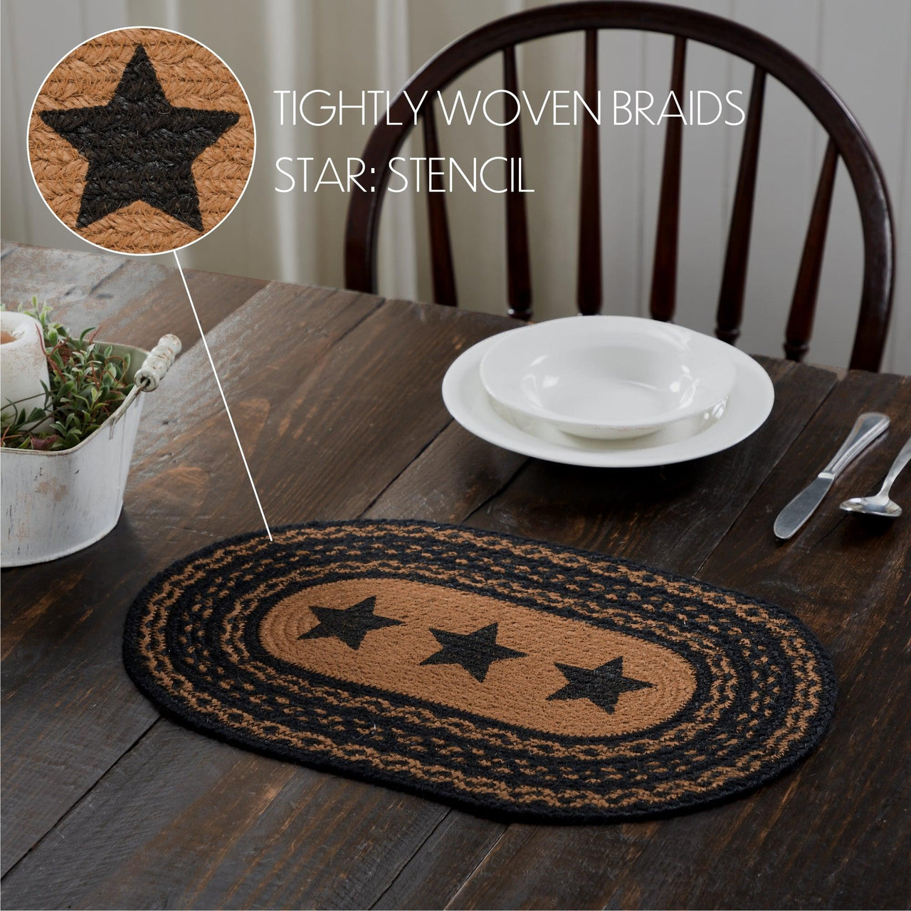 Farmhouse Jute Braided Placemat Stencil Stars 10x15 VHC Brands