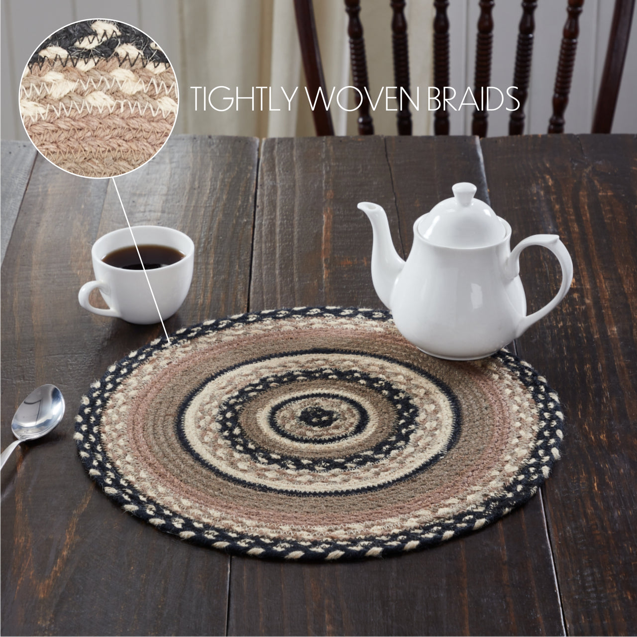 Sawyer Mill Charcoal Creme Jute Braided Trivet 15" VHC Brands - The Fox Decor