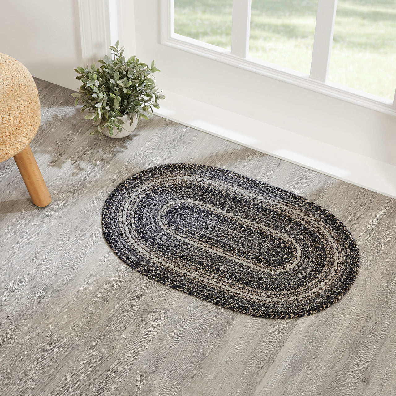Sawyer Mill Black White Jute Braided Oval Rug with Rug Pad 20x30" VHC Brands