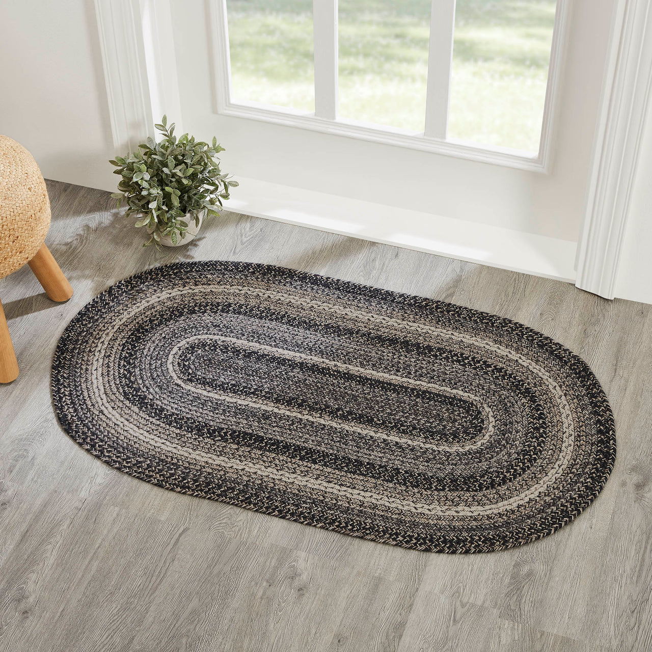 Sawyer Mill Black White Jute Braided Oval Rug with Rug Pad 27x48" VHC Brands