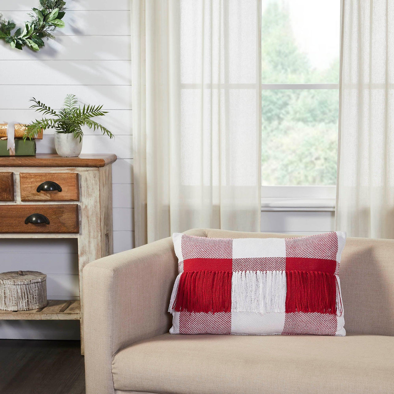 Annie Red Check Fringed Pillow 14x22 - The Fox Decor