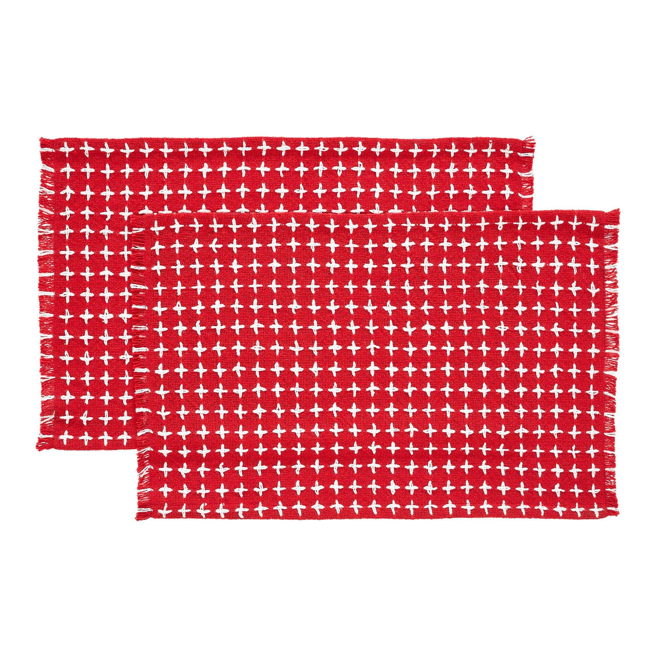 Gallen Red White Placemat Set of 2 Fringed 13x19 - The Fox Decor