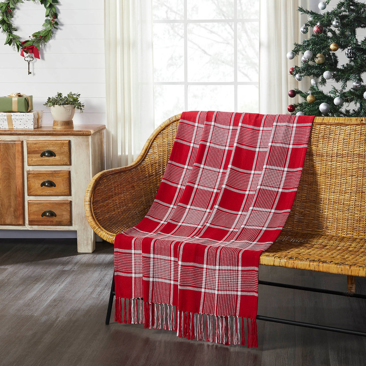 Eston Red White Plaid Woven Throw 50"x60" VHC Brands