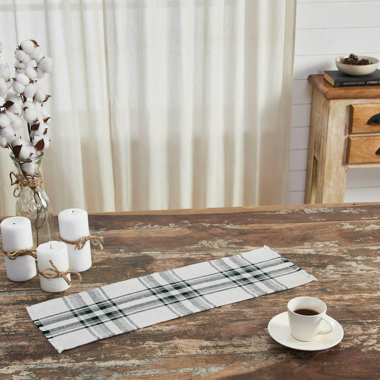 Harper Plaid Green White Runner Fringed 8x24 - The Fox Decor