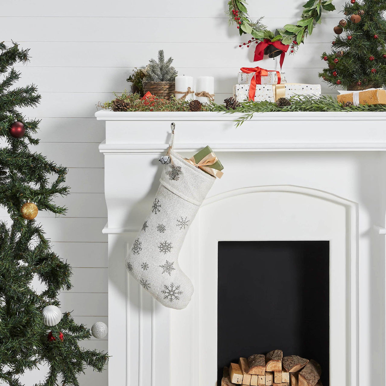Yuletide Burlap Antique White Snowflake Stocking 12x20 - The Fox Decor