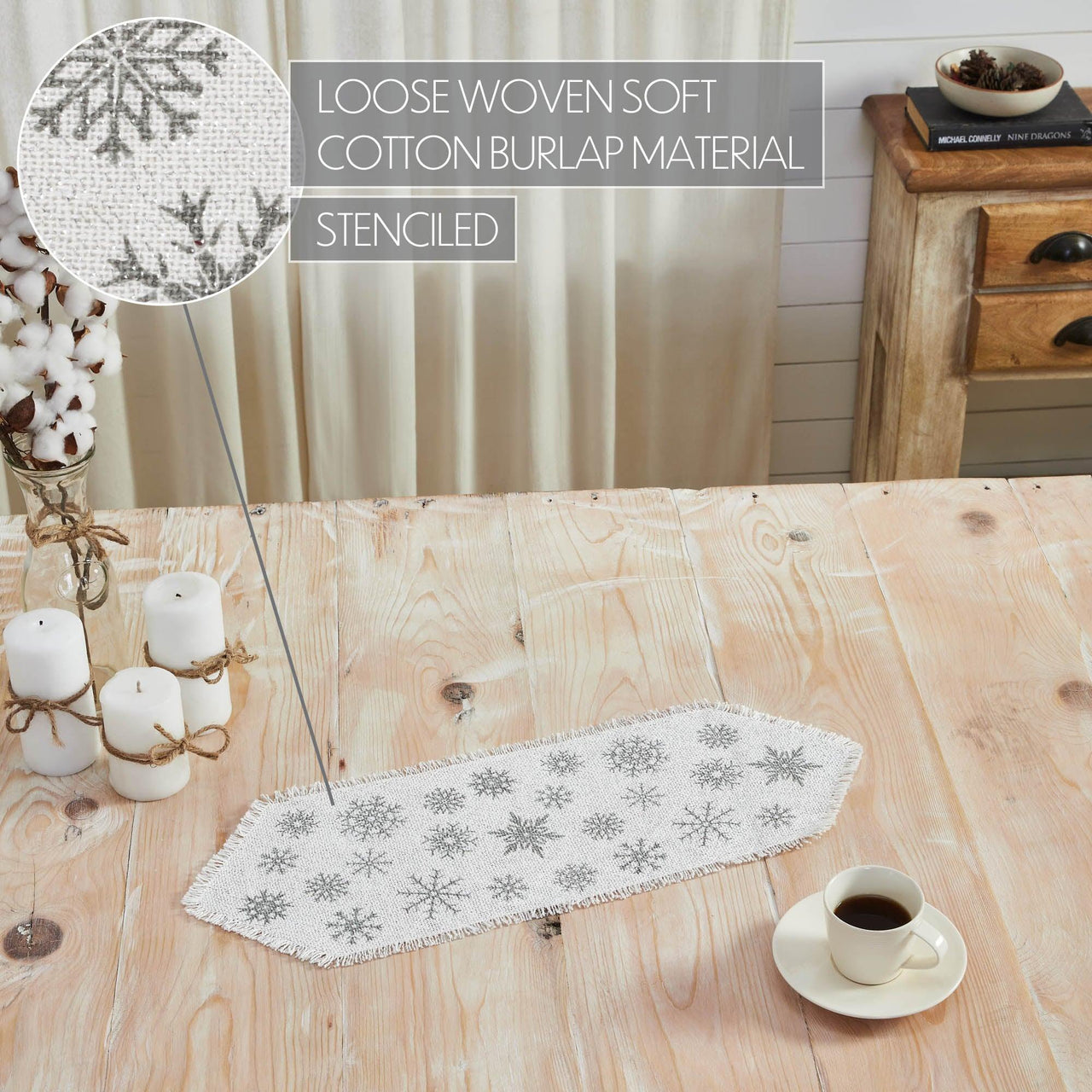 Yuletide Burlap Antique White Snowflake Runner 8x24 - The Fox Decor