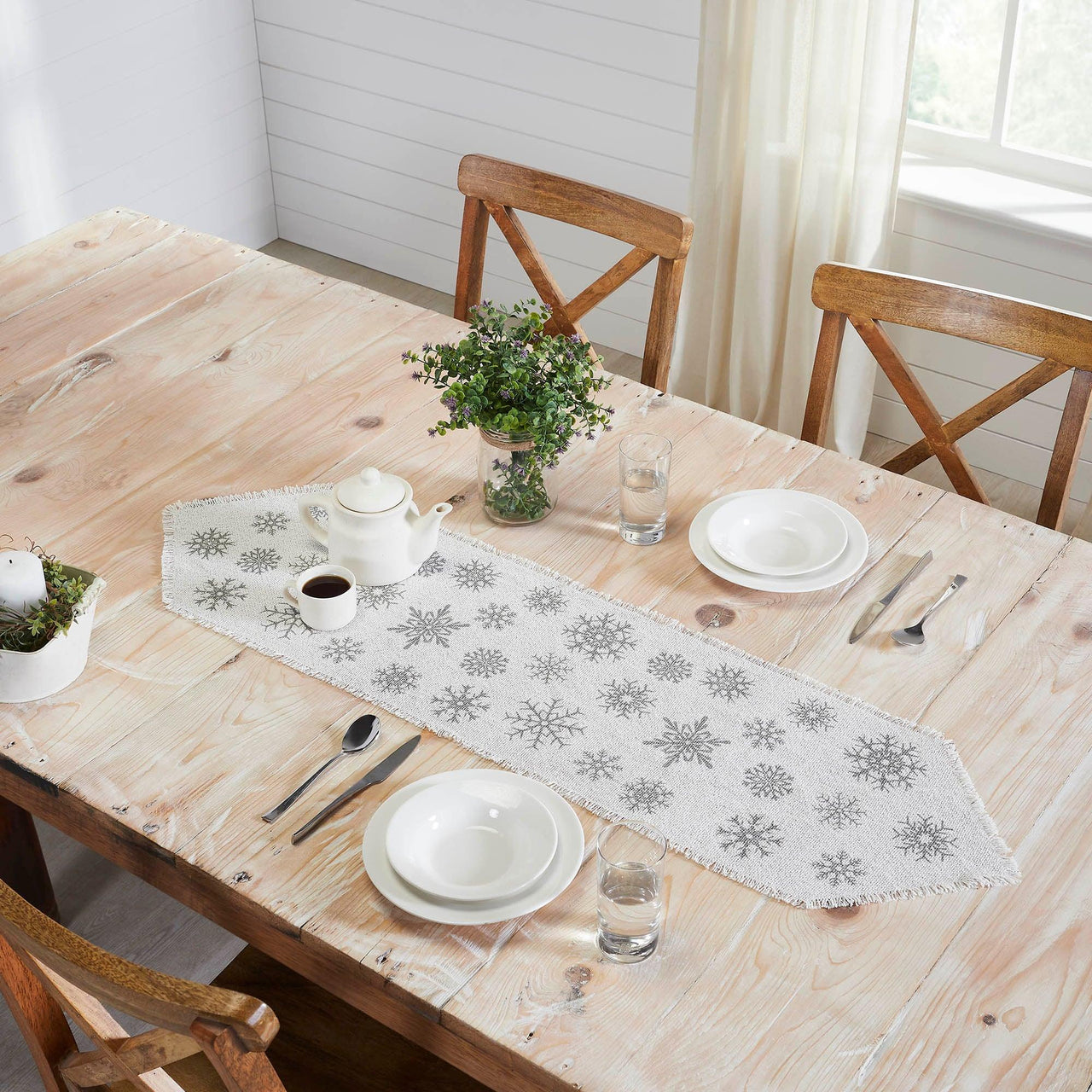 Yuletide Burlap Antique White Snowflake Runner 12x48 - The Fox Decor