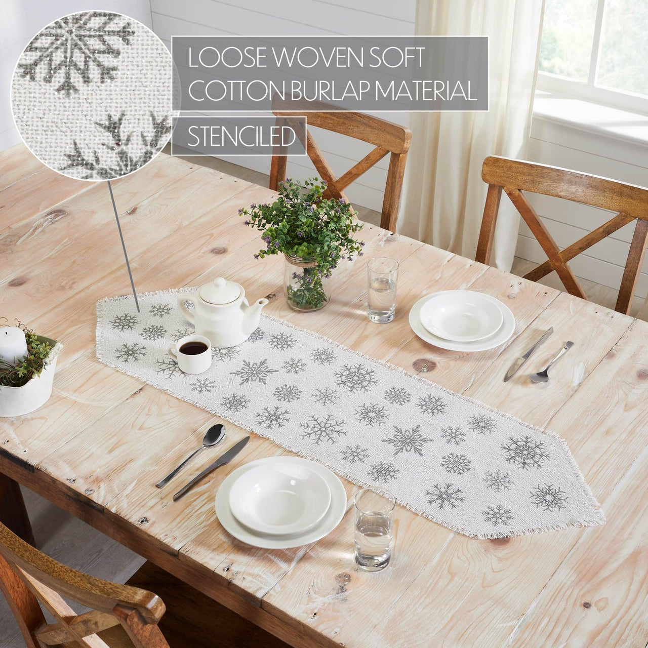 Yuletide Burlap Antique White Snowflake Runner 12x48 - The Fox Decor