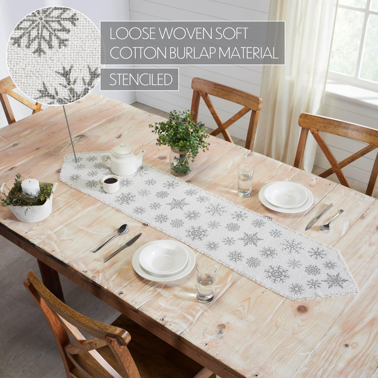 Yuletide Burlap Antique White Snowflake Runner 12x60 - The Fox Decor