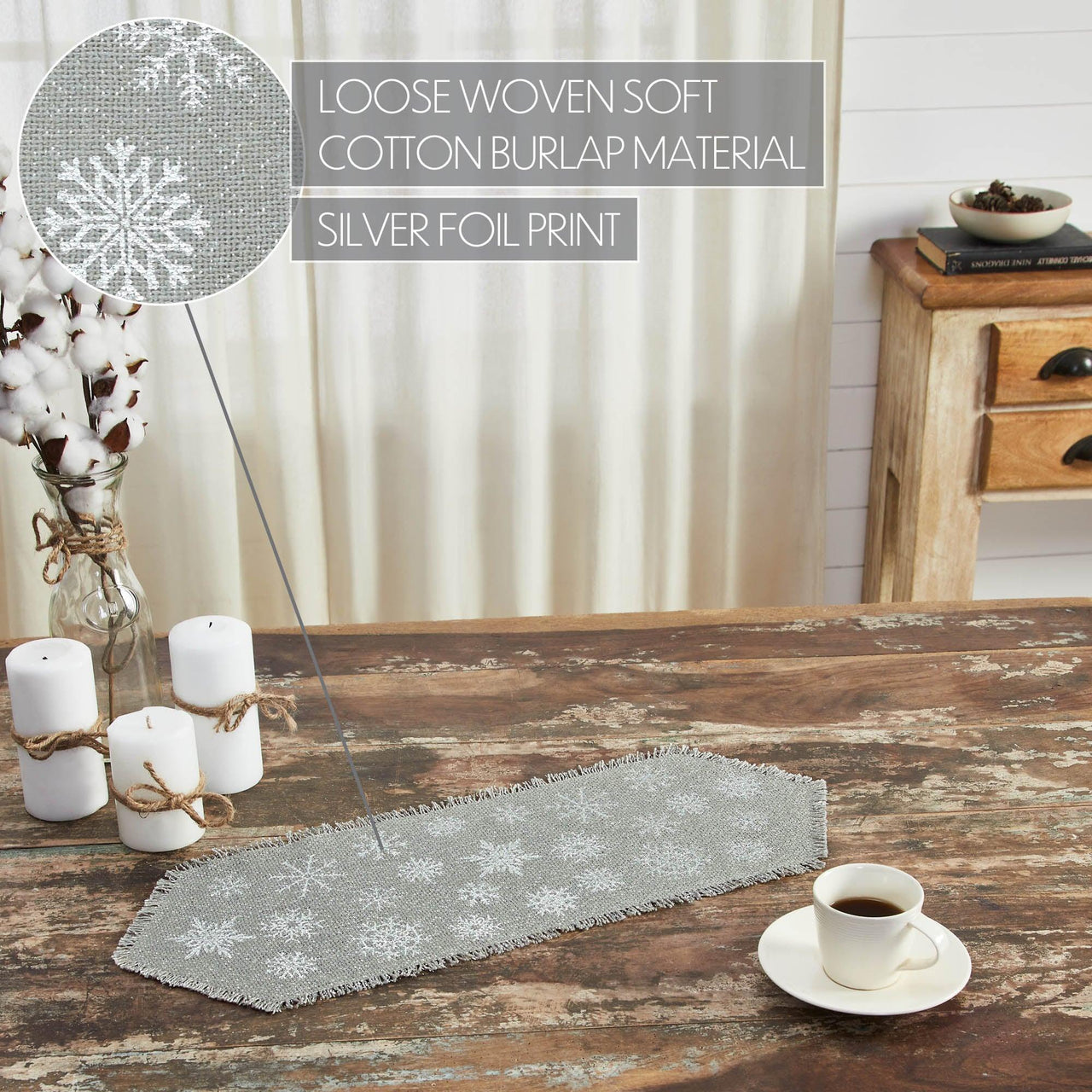 Yuletide Burlap Dove Grey Snowflake Runner 8x24 - The Fox Decor