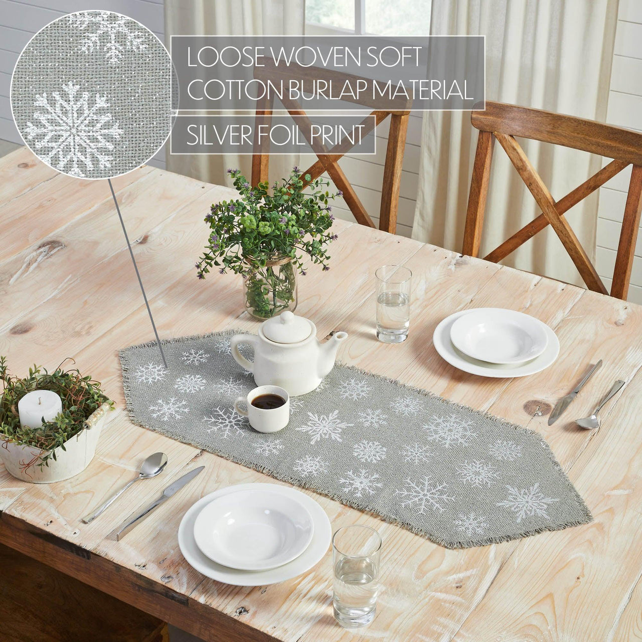 Yuletide Burlap Dove Grey Snowflake Runner 12x36 - The Fox Decor
