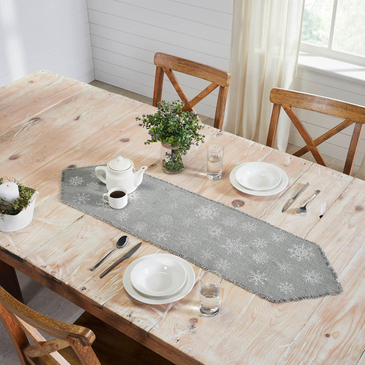 Yuletide Burlap Dove Grey Snowflake Runner 12x48 - The Fox Decor