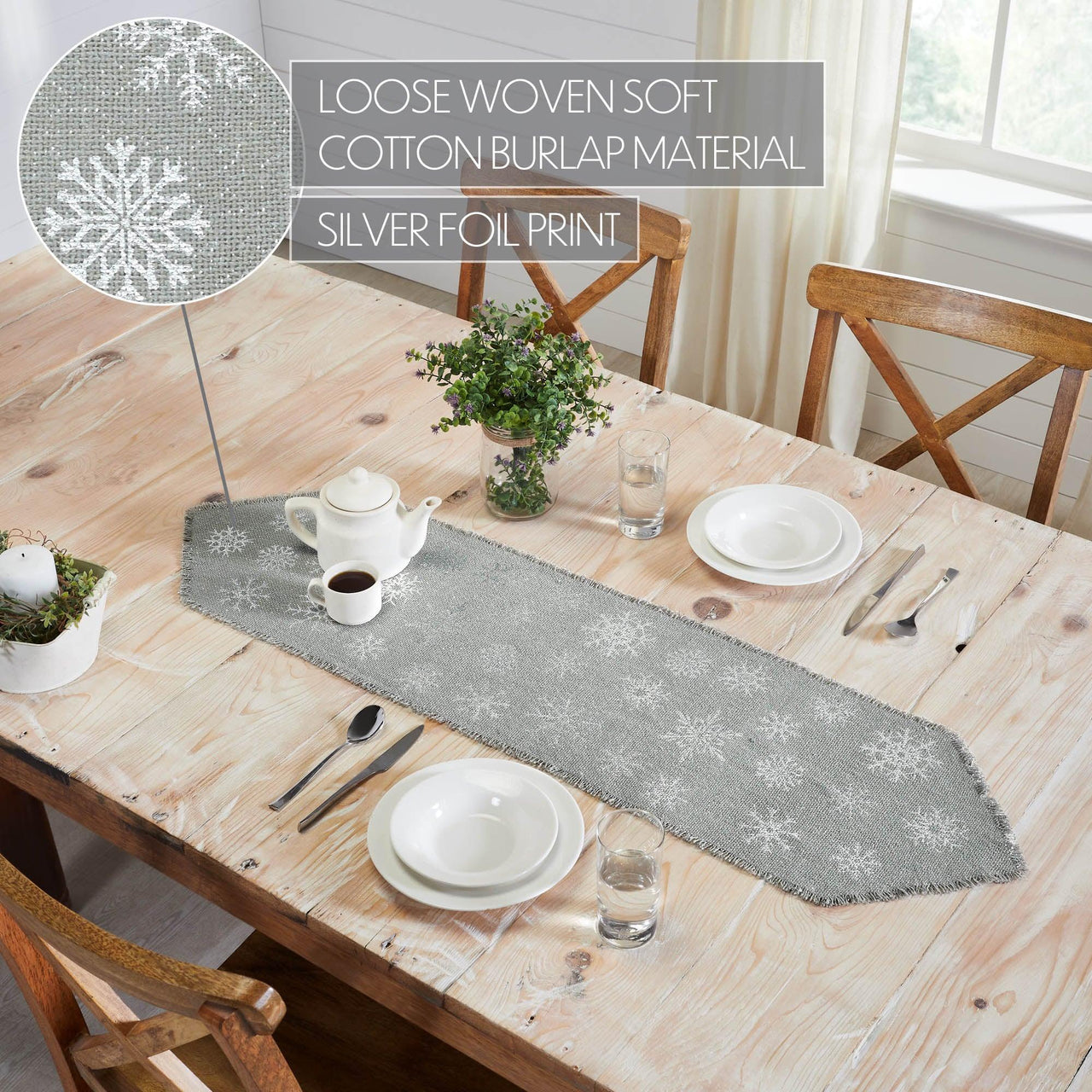 Yuletide Burlap Dove Grey Snowflake Runner 12x48 - The Fox Decor