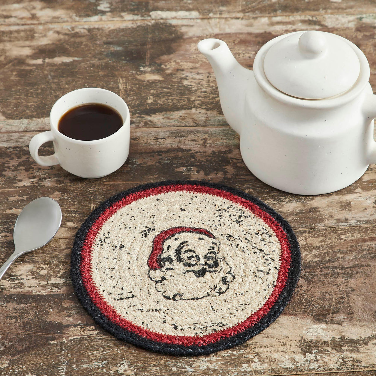 Jolly Ole Santa Jute Trivet 8 inch Diameter VHC Brands - The Fox Decor