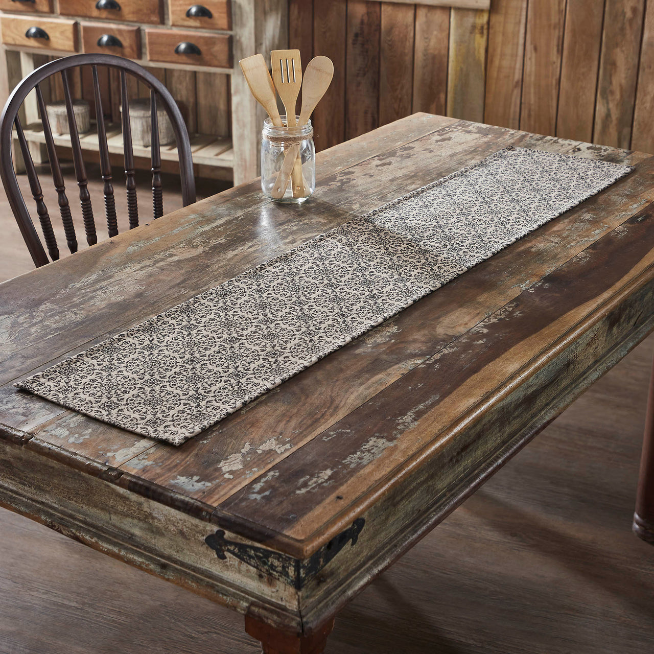 Custom House Black Tan Jacquard Runner 12x60" VHC Brands - The Fox Decor