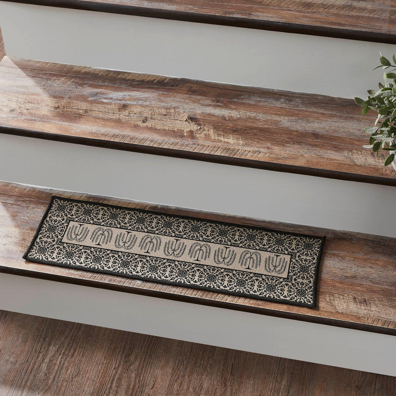 Custom House Black Tan Jacquard Polyester Stair Tread Rect Latex 8.5x27 - The Fox Decor