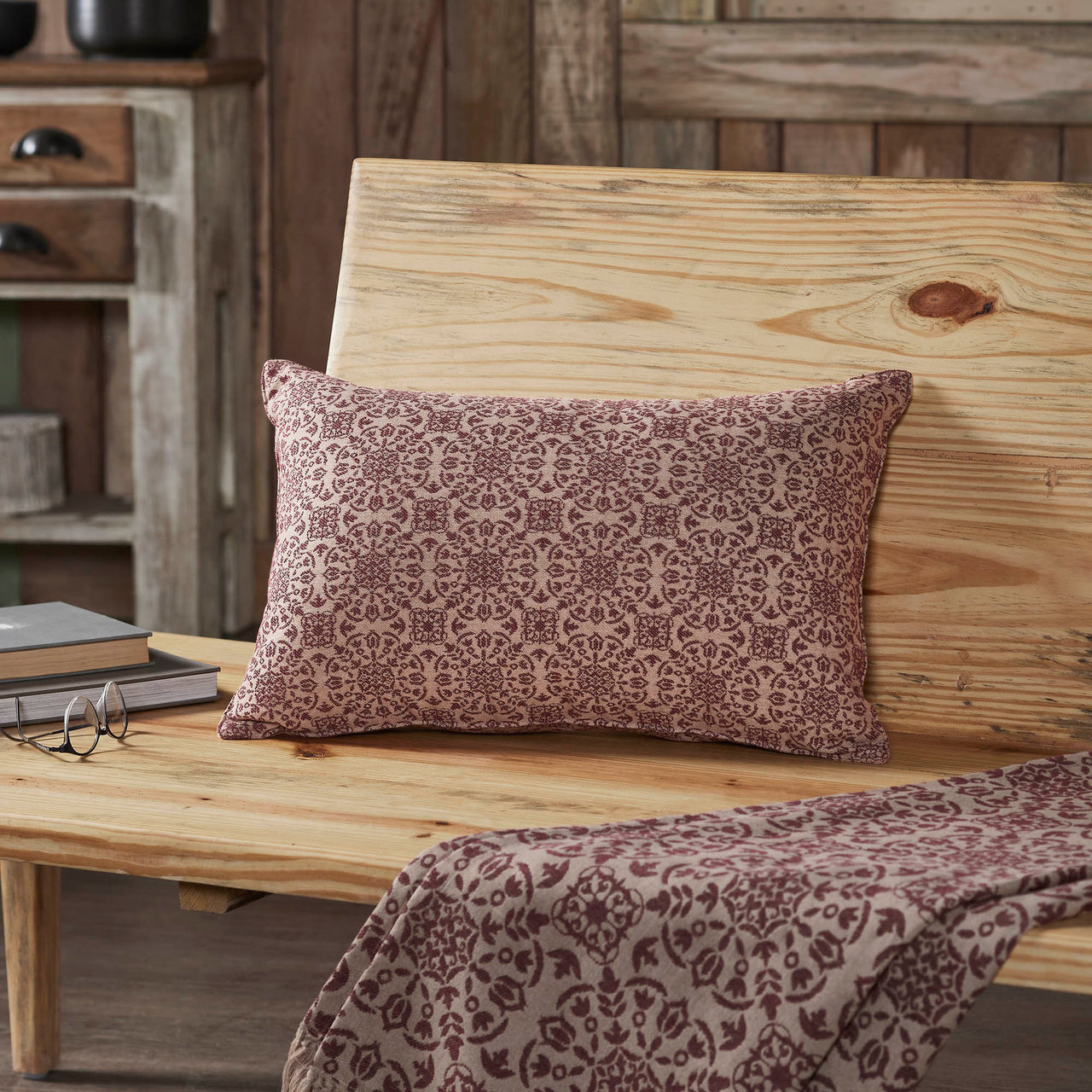 Custom House Burgundy Tan Jacquard Pillow 14"x22" VHC Brands - The Fox Decor