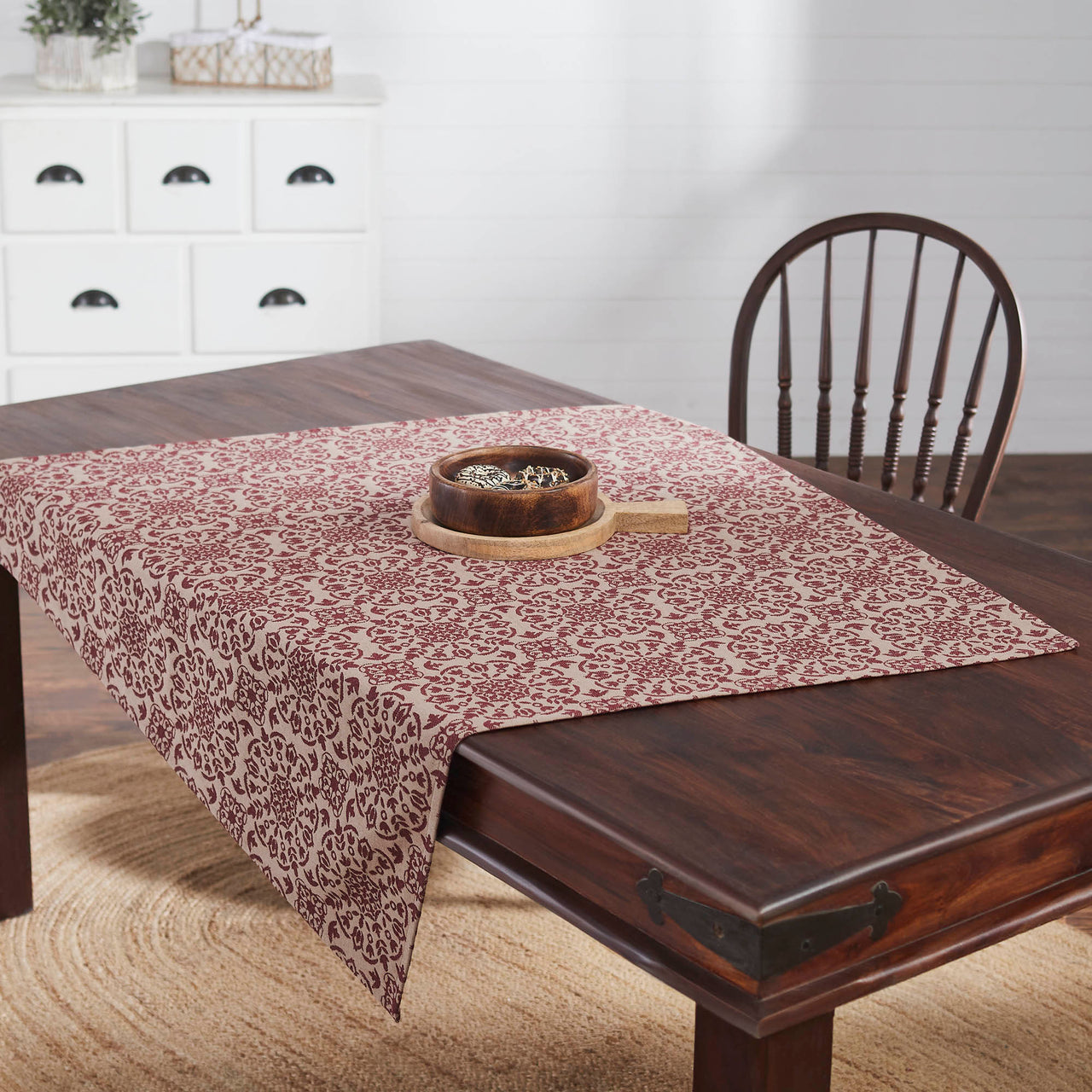 Custom House Burgundy Tan Jacquard Table Topper 42"x42" VHC Brands - The Fox Decor