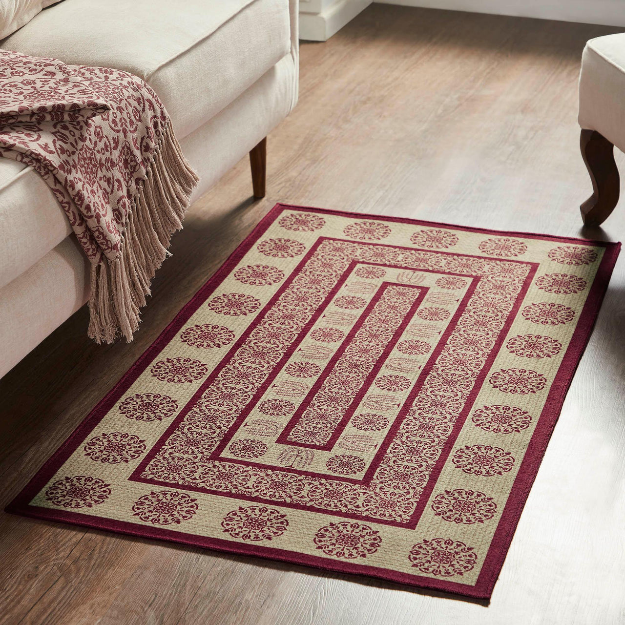 Custom House Burgundy Tan Jacquard Polyester Rug Rect 27x48 - The Fox Decor