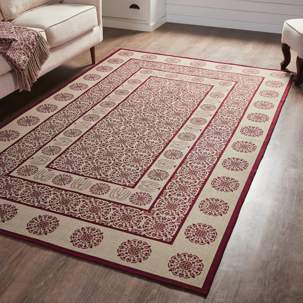 Custom House Burgundy Tan Jacquard Polyester Rug Rect 60"x96" (5x8') VHC Brands - The Fox Decor