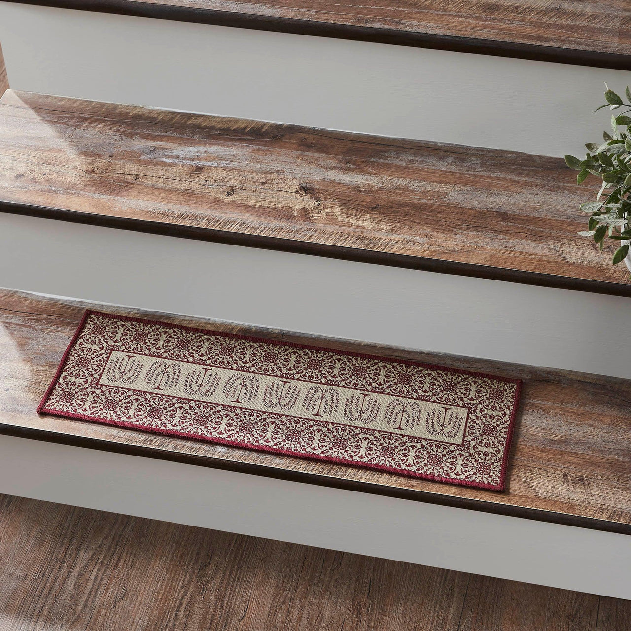Custom House Burgundy Tan Jacquard Polyester Stair Tread Rect Latex 8.5x27 - The Fox Decor
