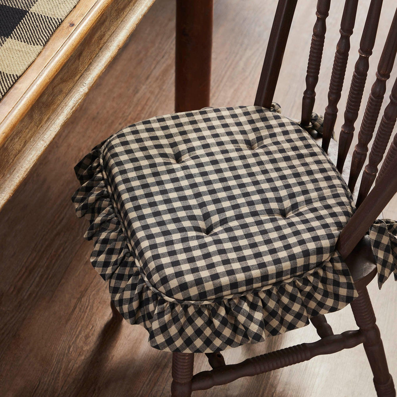 Black Check Ruffled Chair Pad 16.5x18 - The Fox Decor