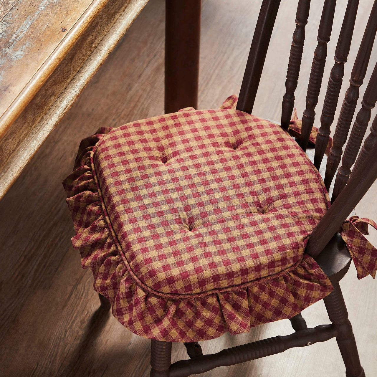 Burgundy Check Ruffled Chair Pad 16.5x18 - The Fox Decor