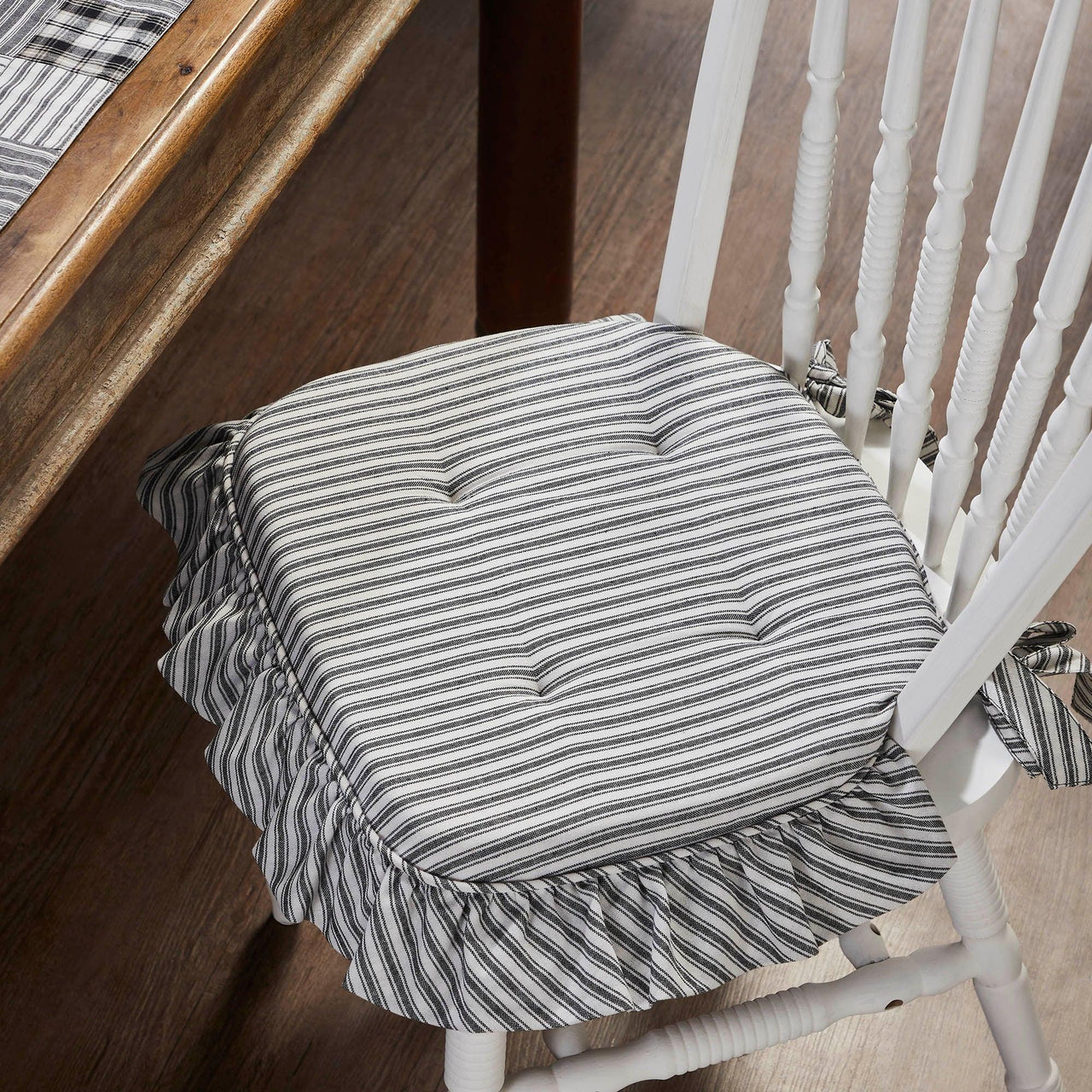 Sawyer Mill Black Ticking Stripe Ruffled Chair Pad 16.5x18 - The Fox Decor