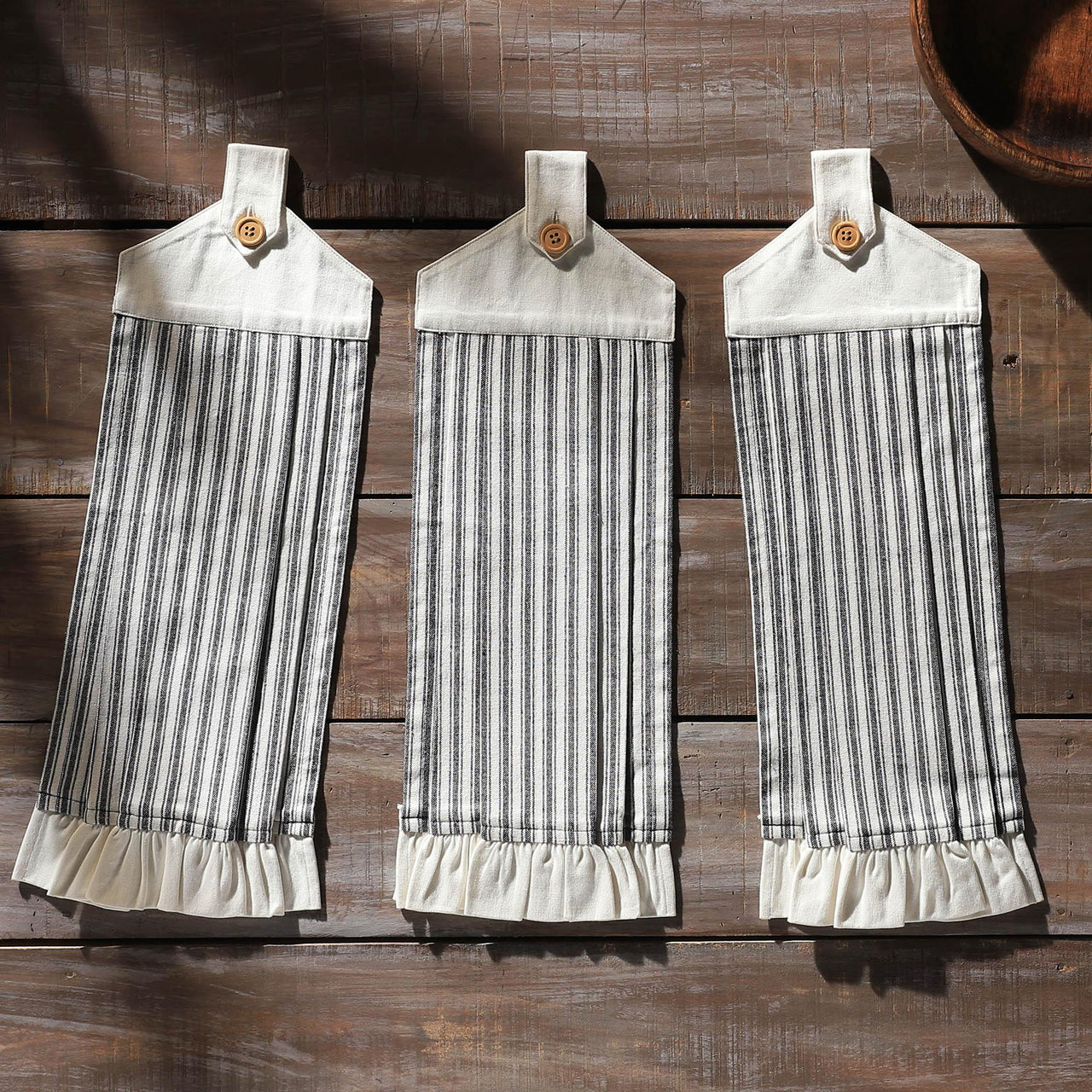 Sawyer Mill Black Ticking Stripe Button Loop Tea Towel Set of 3 - The Fox Decor