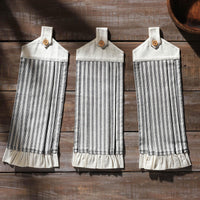 Sawyer Mill Black Ticking Stripe Button Loop Tea Towel Set of 3 - The Fox Decor