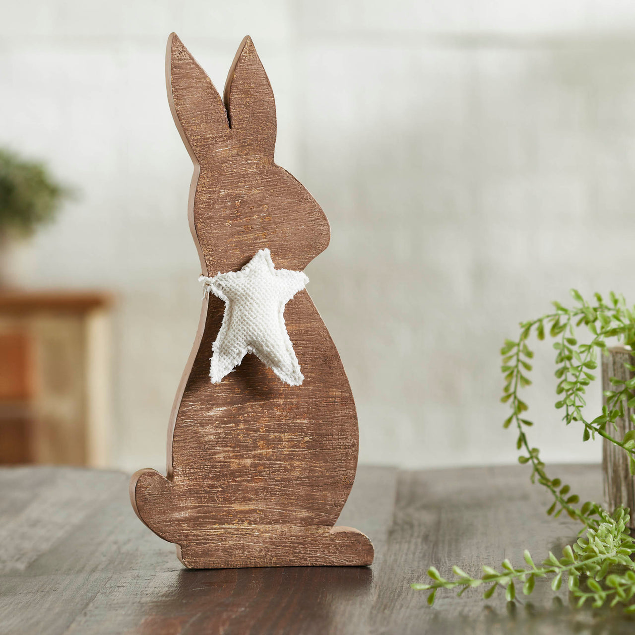 Wooden Bunny with Prim Burlap Star 13x6x1.5