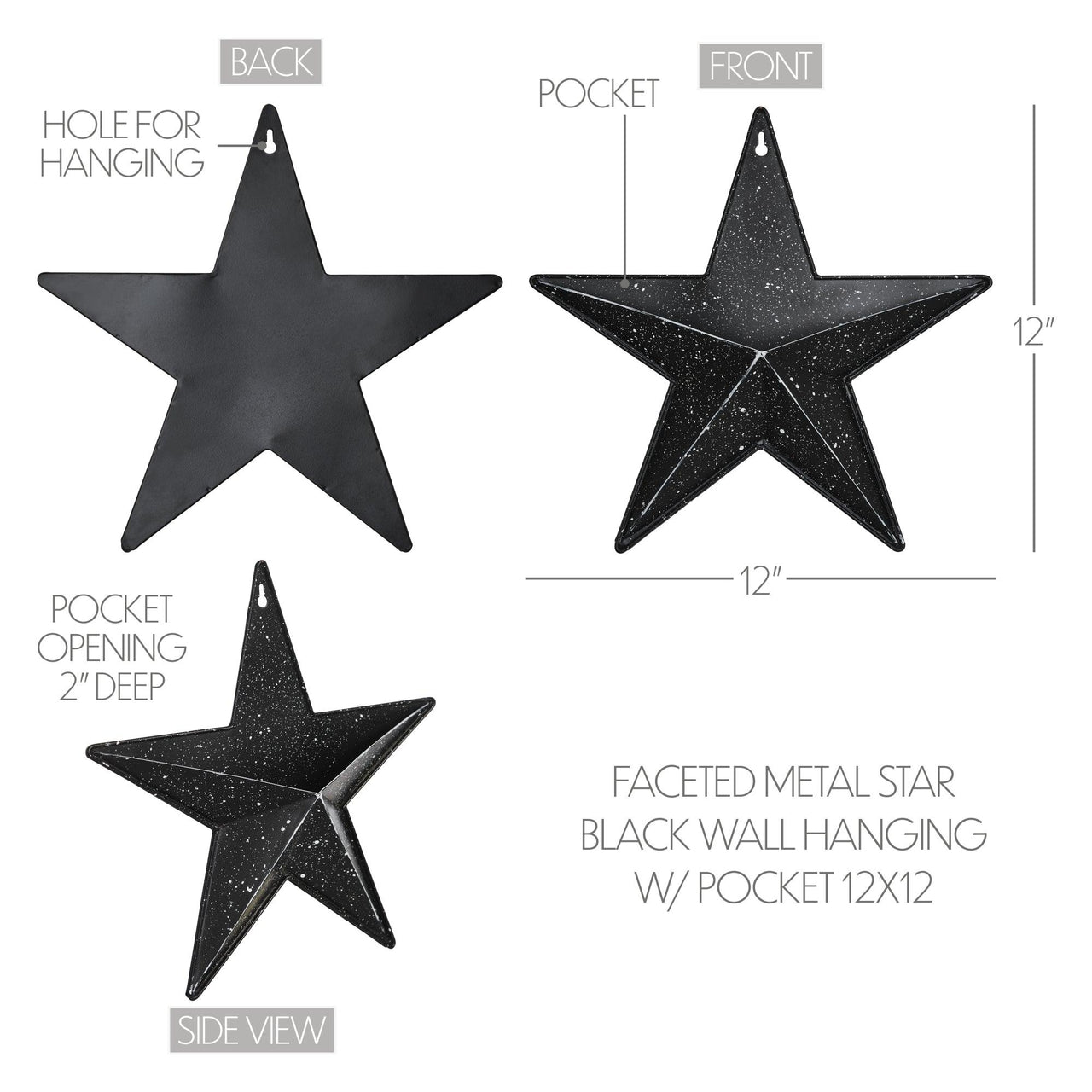 Faceted Metal Star Black Wall Hanging w/ Pocket 12x12 - The Fox Decor