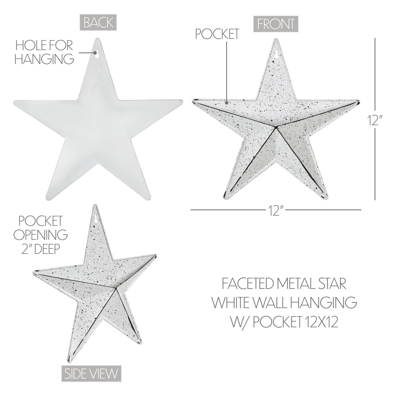 Faceted Metal Star White Wall Hanging w/ Pocket 12x12 - The Fox Decor