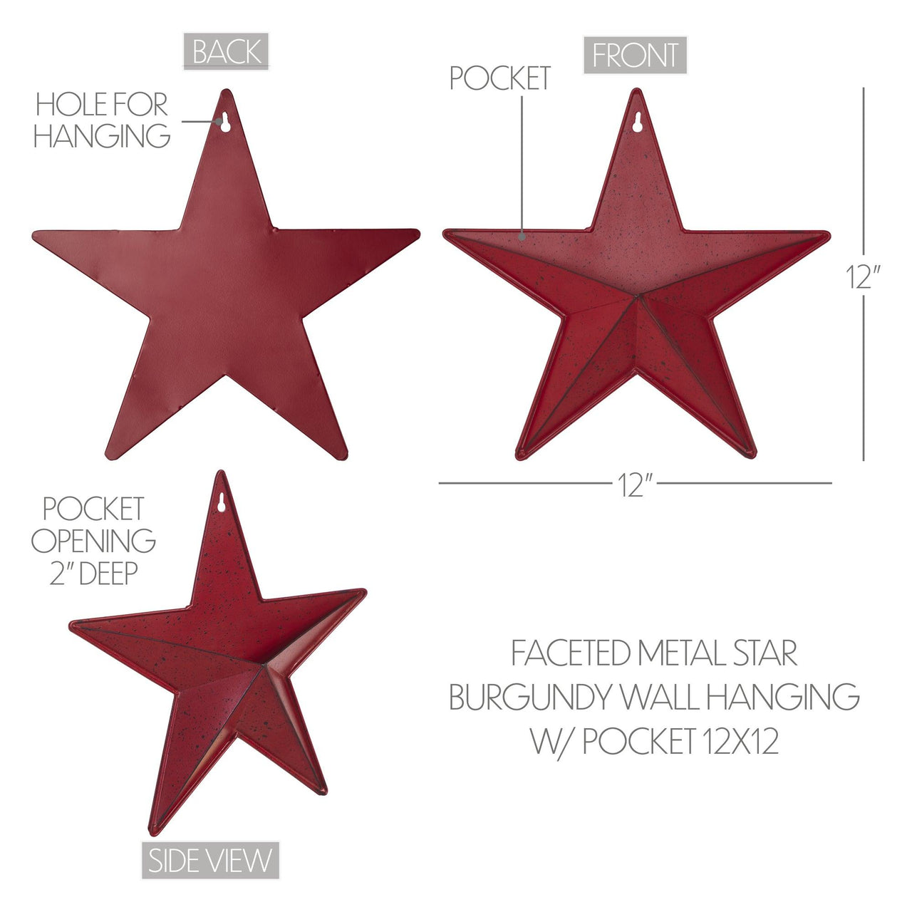 Faceted Metal Star Burgundy Wall Hanging w/ Pocket 12x12 - The Fox Decor