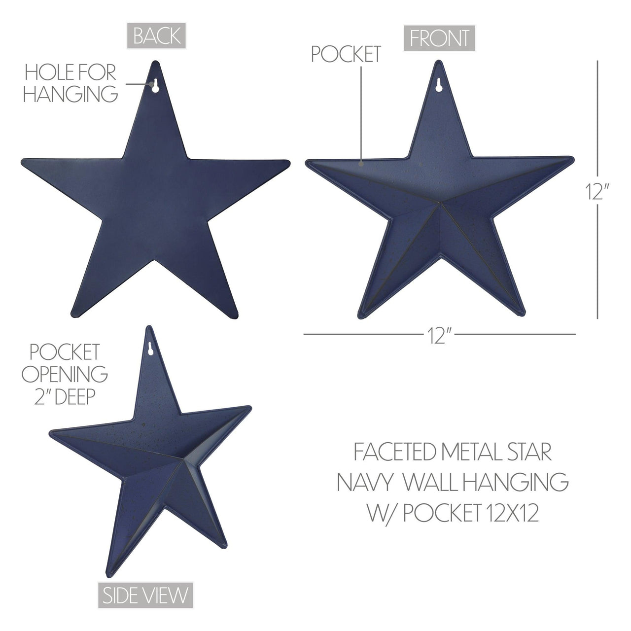 Faceted Metal Star Navy Wall Hanging w/ Pocket 12x12 - The Fox Decor