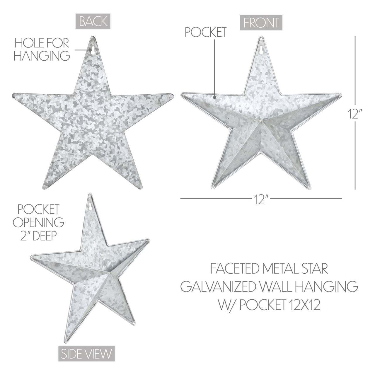 Faceted Metal Star Galvanized Wall Hanging w/ Pocket 12x12 - The Fox Decor