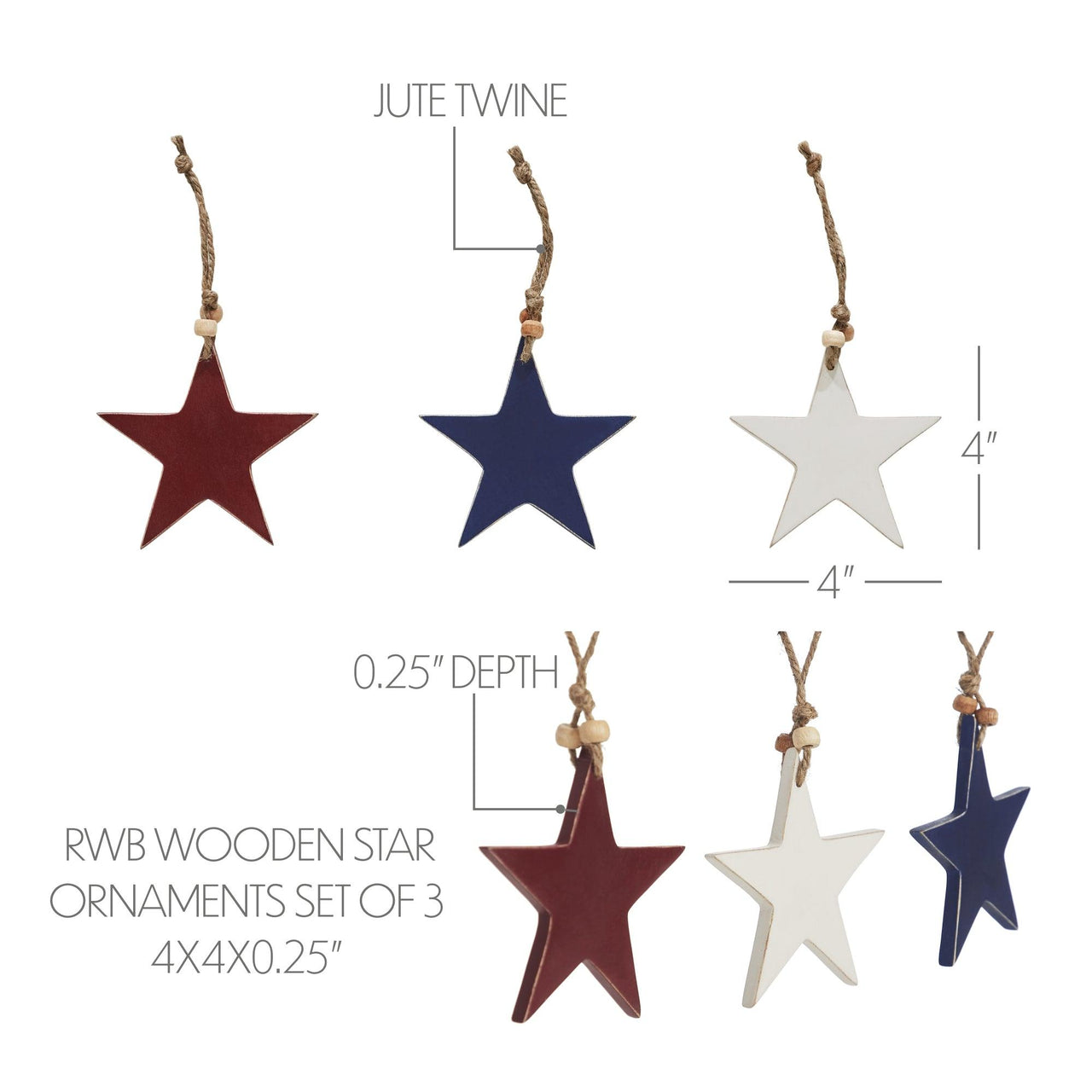 RWB Wooden Star Ornaments Set of 3 4x4x0.25 - The Fox Decor