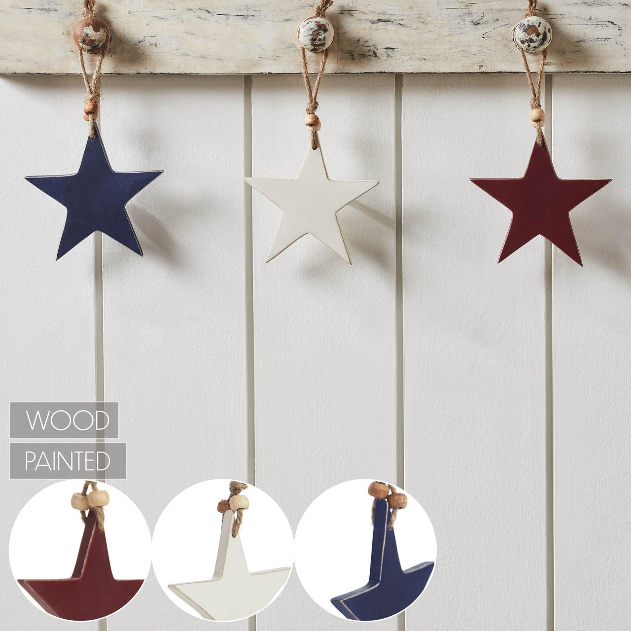 RWB Wooden Star Ornaments Set of 3 4x4x0.25 - The Fox Decor