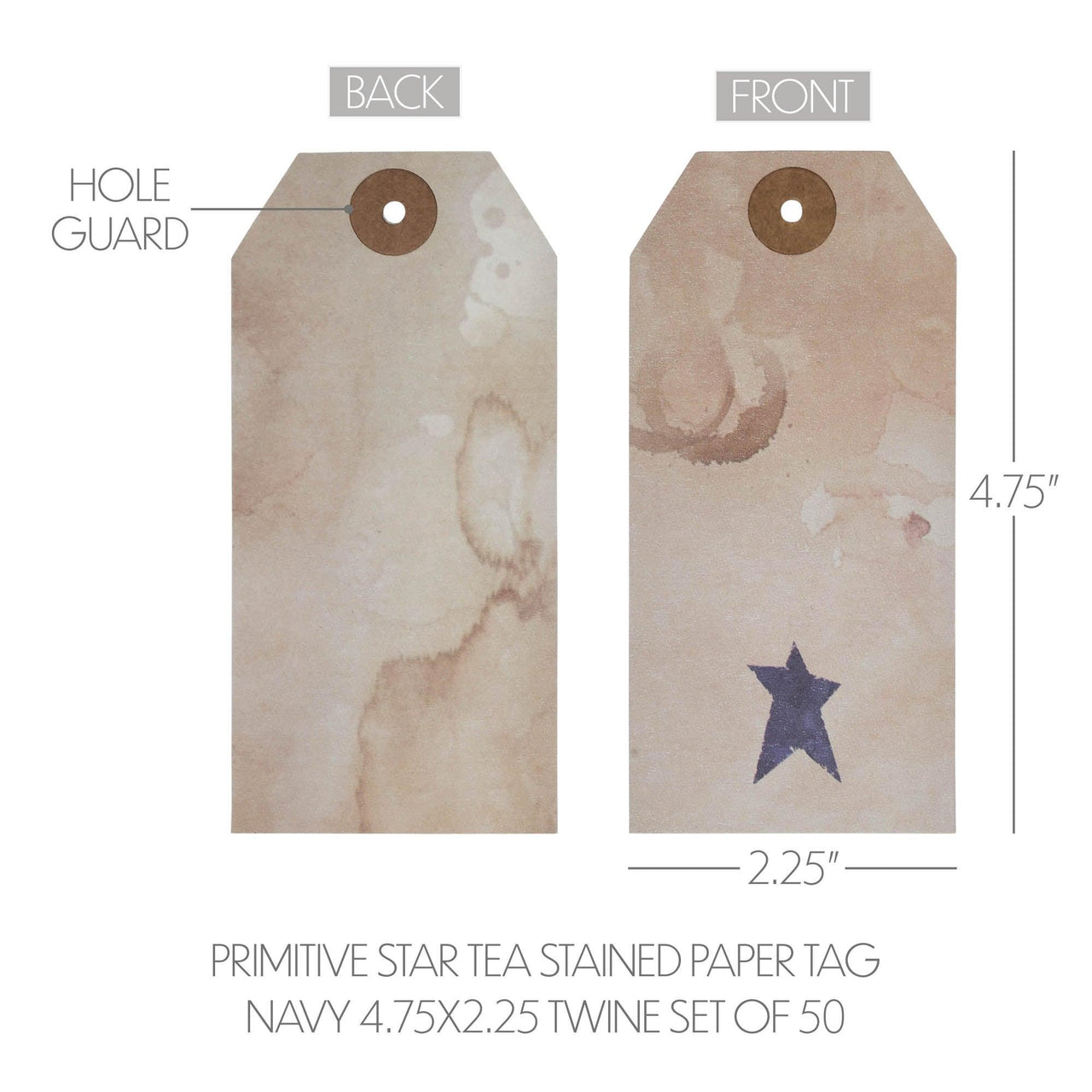Primitive Star Tea Stained Paper Tag Navy 4.75x2.25 w/ Twine Set of 50 - The Fox Decor