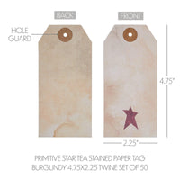 Primitive Star Tea Stained Paper Tag Burgundy 4.75x2.25 w/ Twine Set of 50 - The Fox Decor