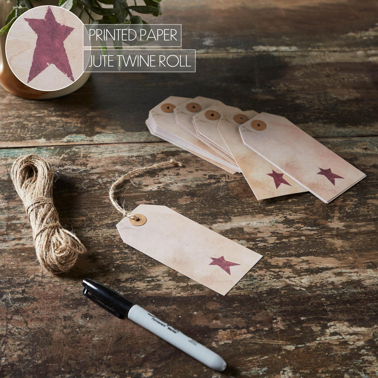 Primitive Star Tea Stained Paper Tag Burgundy 4.75x2.25 w/ Twine Set of 50 - The Fox Decor