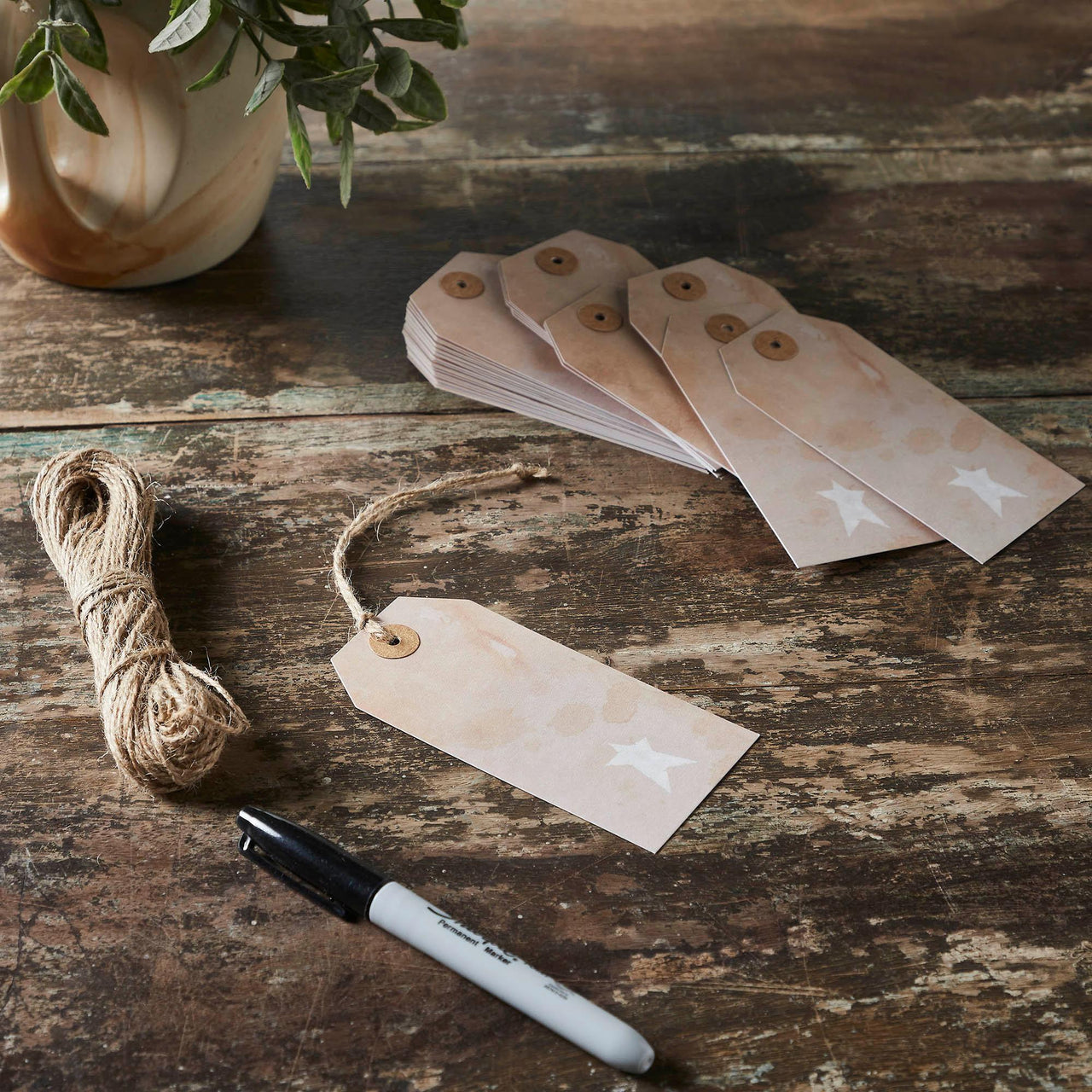 Primitive Star Tea Stained Paper Tag Creme 4.75x2.25 w/ Twine Set of 50 - The Fox Decor