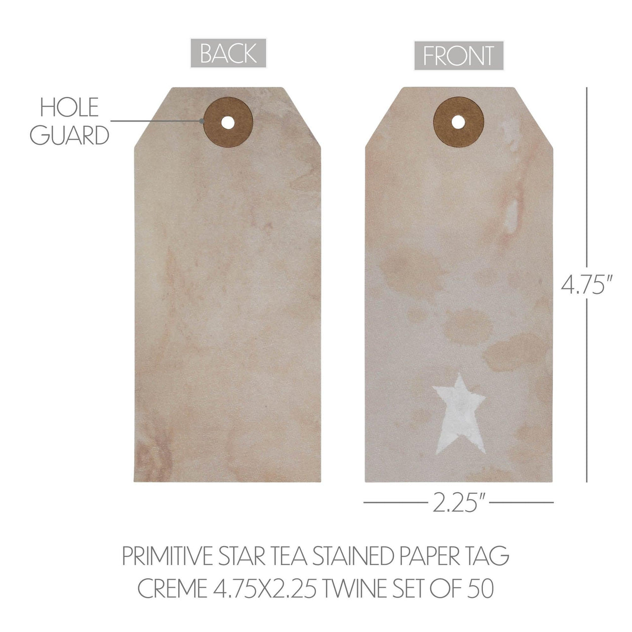 Primitive Star Tea Stained Paper Tag Creme 4.75x2.25 w/ Twine Set of 50 - The Fox Decor
