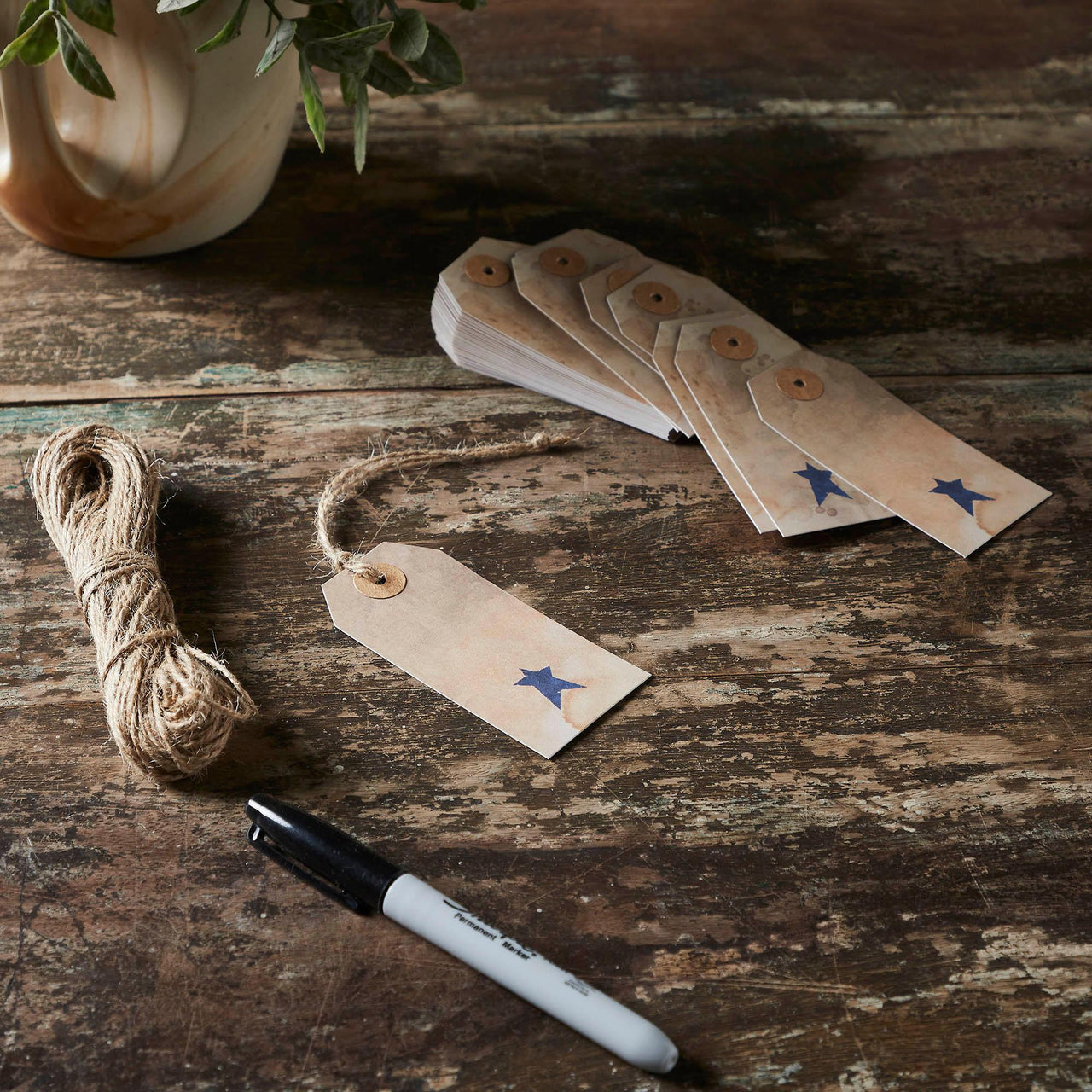 Primitive Star Tea Stained Paper Tag Navy 3.75x1.75 w/ Twine Set of 50 - The Fox Decor