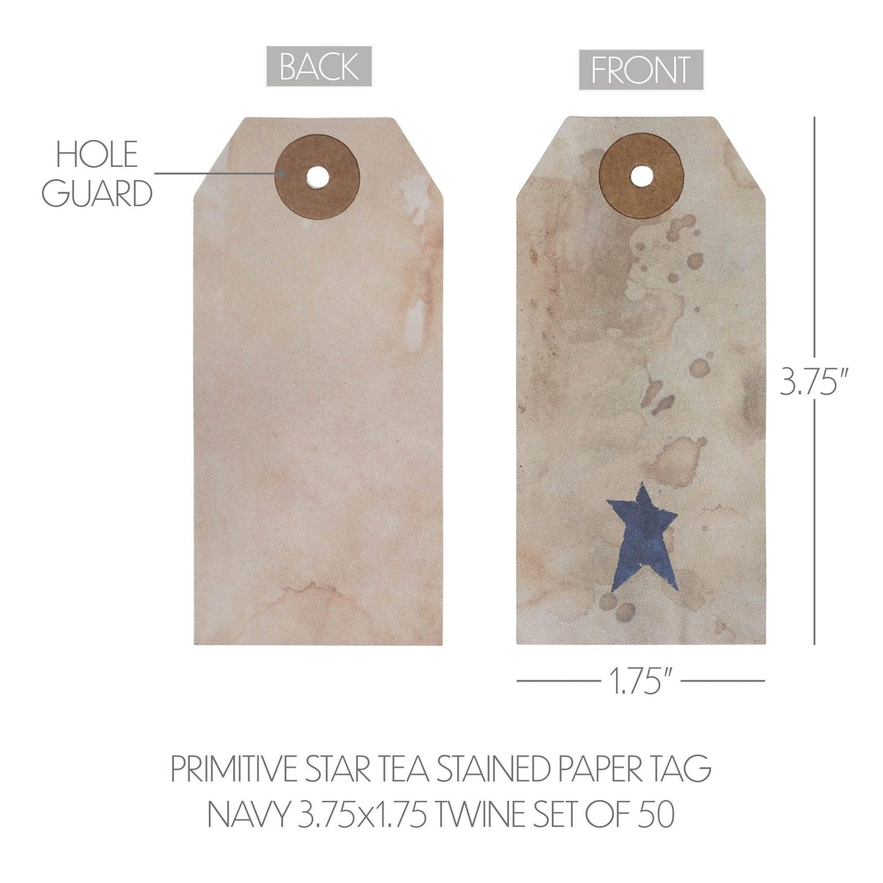 Primitive Star Tea Stained Paper Tag Navy 3.75x1.75 w/ Twine Set of 50 - The Fox Decor